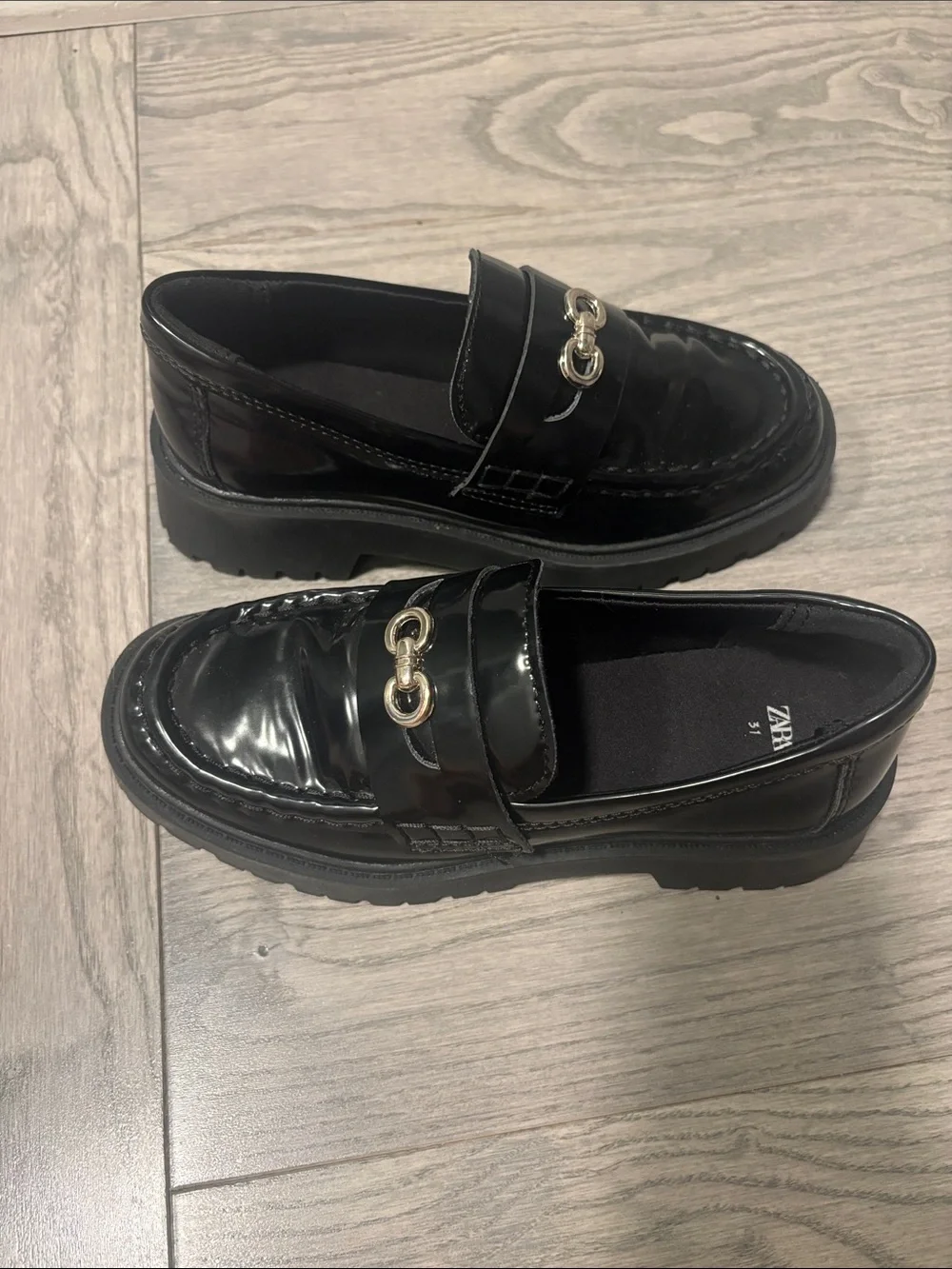 Kids Zara Black Patent Loafers with Metal Link Accent